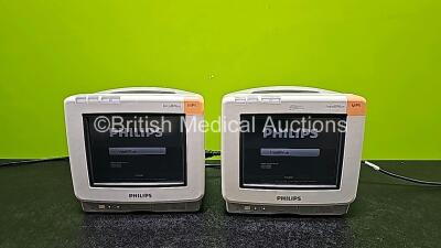 Job Lot Including 1 x Philips IntelliVue MP5 Patient Monitor with ECG, SpO2, NIBP, Press and Temp Options (Powers Up with Damage to Casing - See Photos) and 1 x Philips IntelliVue MP5 Patient Monitor with CO2, ECG, SpO2, NIBP, Press ,Temp and Printer Opti