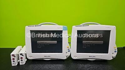 Job Lot Including 2 x Philips IntelliVue MP50 Touch Screen Patient Monitors (Both Power Up, Both Missing Internal Batteries, Both Cracked Cases and 1 x Missing Badge - See Photos), 1 x Philips M3001A Opt A01C06C12 Module Including ECG, SpO2, Press, Temp a