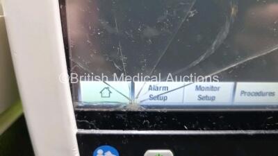 GE B450 Carescape Monitor *Mfd 2014* (Powers Up, Crack In Screen - See Photo) with GE Patient Data Module *Mfd 2010* (Powers Up) Including ECG, Temp,CO, P1/P3, P2/P4, SpO2 and NIBP Options *SN SA310372288GA* - 3