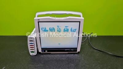 GE B450 Carescape Monitor *Mfd 2014* (Powers Up, Missing Light Cover) with GE Patient Data Module *Mfd 2010* (Powers Up) Including ECG, Temp,CO, P1/P3, P2/P4, SpO2 and NIBP Options *SN SA310372138GA / SJA14246873HA*