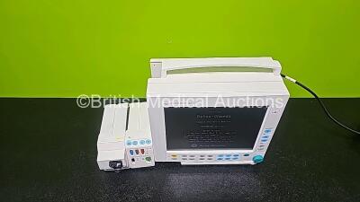 GE Datex Ohmeda F-CM1-04 Anaesthesia Monitor (Powers Up and Damaged Base - See Photo) with 1 x E-PRESTN-00 Module with ECG, SpO2, NIBP, T1, T2, P1 and P2 Options and 1 x GE Type E-CAi0-00 with D-Fend Water Trap *SN 6277821 / 6270683 / 6280347* - 2