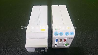 GE Datex Ohmeda F-CM1-04 Anaesthesia Monitor (Powers Up and Damaged Base - See Photo) with 1 x E-PRESTN-00 Module with ECG, SpO2, NIBP, T1, T2, P1 and P2 Options and 1 x GE Type E-CAi0-00 with D-Fend Water Trap *SN 6277821 / 6270683 / 6280347* - 7