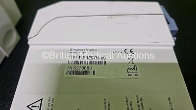 GE Datex Ohmeda F-CM1-04 Anaesthesia Monitor (Powers Up and Damaged Base - See Photo) with 1 x E-PRESTN-00 Module with ECG, SpO2, NIBP, T1, T2, P1 and P2 Options and 1 x GE Type E-CAi0-00 with D-Fend Water Trap *SN 6277821 / 6270683 / 6280347* - 9