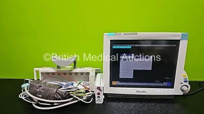 Job Lot Including 1 x Philips IntelliVue MP50 Touch Screen Patient Monitor (Powers Up and Damaged Case - See Photo), 1 x Philips M3001A Opt A01C18 Module Including ECG, SpO2, NBP, Press and Temp Options, 1 x Philips Mocule Rack and Patient Monitoring Lea