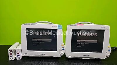 Job Lot Including 2 x Philips IntelliVue MP50 Touch Screen Patient Monitors (Both Power Up, Both Missing Internal Batteries and 1 x Missing Badge - See Photos), 1 x Philips M3001A Opt A01C06 Module Including ECG, SpO2, Press, Temp and NBP Options and 1 x 