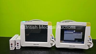 Job Lot Including 2 x Philips IntelliVue MP30 Touch Screen Patient Monitors with 1 x Printer Option (Both Power up, 1 x Faulty/Dim Screen, Both Missing Batteries and Both Damaged Cases - See Photos) and 2 x Philips M3001A Opt A01 Modules Including ECG, Sp