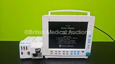 GE Datex Ohmeda F-CM1-04 Anaesthesia Monitor (Powers Up) with 1 x E-PRESTN-00 Module with ECG, SpO2, NIBP, T1, T2, P1 and P2 Options and 1 x GE Type E-CAi0-00 with D-Fend Water Trap *SN 6270680 / 6280358 / 6280540*