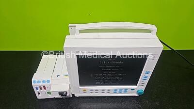 GE Datex Ohmeda F-CM1-04 Anaesthesia Monitor (Powers Up) with 1 x E-PRESTN-00 Module with ECG, SpO2, NIBP, T1, T2, P1 and P2 Options and 1 x GE Type E-CAi0-00 with D-Fend Water Trap *SN 6270680 / 6280358 / 6280540* - 2