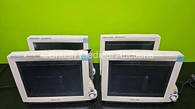 4 x Philips IntelliVue MP70 Patient Monitors (All Power Up, 1 x Missing Badge, 1 x Missing Case and All Cracked/Damaged Cases - See Photos) *SN DE84381536 / DE84381527 / DE61743062 / DE52034763* - 2