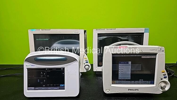 Job Lot Including 2 x Philips IntelliVue MP70 Patient Monitors (Both Power Up, Both Damaged Cases and 1 x Missing Dial - See Photos), 1 x Philips IntelliVue MP30 Touch Screen Patient Monitor (Powers Up, Missing Battery Door and Damaged Case - See Photos)