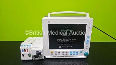 GE Datex Ohmeda F-CM1-04 Anaesthesia Monitor (Powers Up) with 1 x E-PRESTN-00 Module with ECG, SpO2, NIBP, T1, T2, P1 and P2 Options and 1 x GE Type E-CAi0-00 with D-Fend Water Trap *SN 6272123 / 6278437 / 6280544*