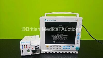 GE Datex Ohmeda F-CM1-04 Anaesthesia Monitor (Powers Up) with 1 x E-PRESTN-00 Module with ECG, SpO2, NIBP, T1, T2, P1 and P2 Options and 1 x GE Type E-CAi0-00 with D-Fend Water Trap *SN 6270682 / 6875770 / 6003195*