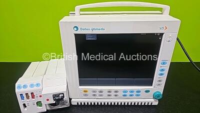 GE Datex Ohmeda F-CM1-04 Anaesthesia Monitor (Powers Up) with 1 x E-PRESTN-00 Module with ECG, SpO2, NIBP, T1, T2, P1 and P2 Options and 1 x GE Type E-CAi0-00 with D-Fend Water Trap *SN 6270682 / 6875770 / 6003195* - 3