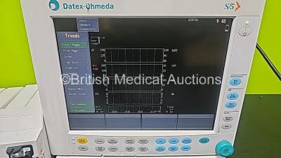 GE Datex Ohmeda F-CM1-04 Anaesthesia Monitor (Powers Up) with 1 x E-PRESTN-00 Module with ECG, SpO2, NIBP, T1, T2, P1 and P2 Options and 1 x GE Type E-CAi0-00 with D-Fend Water Trap *SN 6270682 / 6875770 / 6003195* - 4