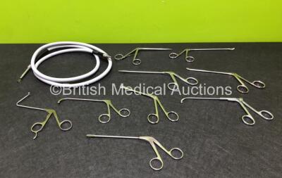 9 x Forcep Instruments Including Karl Storz and R.Wolf Forceps and 1 x Fibre Optic Light Source Cable (Missing Adaptor)