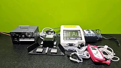 Mixed Lot Including 1 x Endoscopic London Fibre Optic Light Sources (Powers Up), 1 x Covidien ValleyLab Monopolar Footswitch Ref 6008, 1 x B & D Electromedical Nippy Clearway Cough Assistor with 2 x Clearway Hand Controllers (Powers Up) , 1 x Masimo SET 