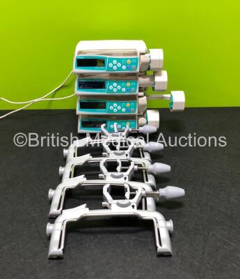 4 x B.Braun Perfusor Space Syringe Pumps with 2 x Power Supplies and 4 x Pole Clamps (2 x Power Up, 2 x No Power, 1 x Damage to Door / Casing - See Photos) *RI*