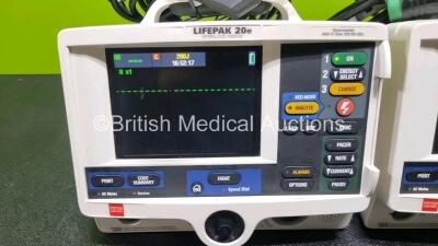 2 x Lifepak 20e Defibrillators / Monitors *Mfd - 2015* (Both Power Up) Including Pacer, ECG and Printer Options with 2 x 3 Lead ECG Leads and 2 x Paddle Leads *SN 43293062 / 43291387* - 2