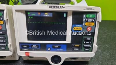 2 x Lifepak 20e Defibrillators / Monitors *Mfd - 2015* (Both Power Up) Including Pacer, ECG and Printer Options with 2 x 3 Lead ECG Leads and 2 x Paddle Leads *SN 43293062 / 43291387* - 3