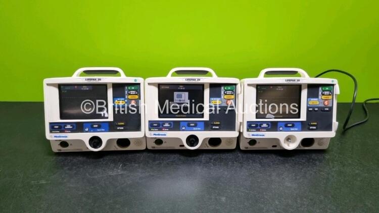 3 x Lifepak 20 Defibrillators / Monitors (All Power Up, All Missing Doors)