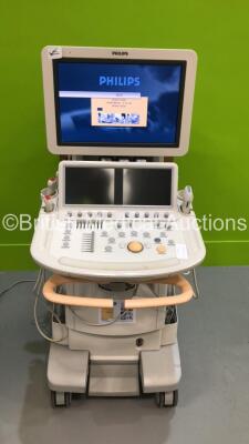 Philips iE33 Flat Screen Ultrasound Scanner on F.3 Cart *S/N 039VV** ***Mfd 12/2009** Software Version 6.3.3.145 with 4 x Transducers / Probes (X5-1 / L9-3 / S5-1 and D2CWC) and Sony UP-D897 Digital Graphic Printer (Powers Up)