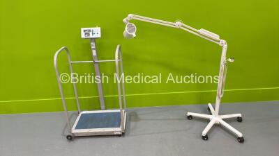 1 x Luxo Patient Examination Lamp on Stand (No Power) and 1 x Marsden Stand on Scales (Missing Battery Cover - See PIctures) *S/N 21808844*