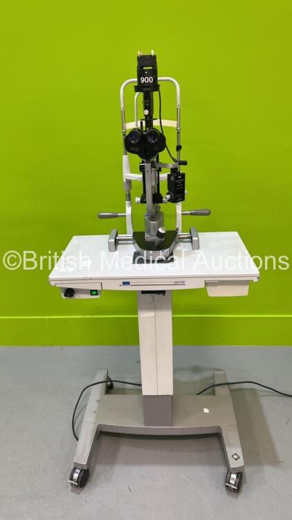 Haag Streit Bern SL 900 Slit Lamp with Binoculars, 2 x 12,5x Eyepieces, Tonometer and Chin Rest on Ophthalmic Table (Powers Up - Incomplete) *S/N 9001382038*