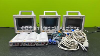 3 x Philips M3046A Patient Monitors (All Power Up and 2 x Missing Battery Covers - See Photos) with 3 x Philips M3000A Opt C06 Modules Including ECG, Sp02, NBP, Press and Temp Options and Various Patient Monitoring Leads