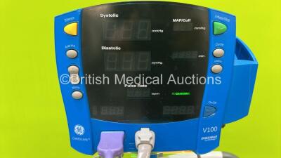 1 x Philips Intellivue MP50 Anaesthesia Monitor on Stand, 1 x GE Carescape V100 Vital Signs Monitor on Stand and 1 x Blood Pressure Meter on Stand (Both Power Up) *S/N DE44014429 / SDT08410201SP* - 4