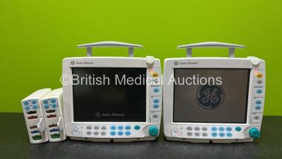 2 x GE Datex Ohmeda S/5 FM Patient Monitors *Both Mfd 2010* (Both Power Up and 1 x Damaged Casing- See Photo) with 2 x GE E-PSMP-00 Modules Including ECG, SpO2, NIBP, P1-P2 and T1-T2 Options *Mfd 2007 & 2010* *SN 6646007 / 6608509 / 6527448 / 6596163*