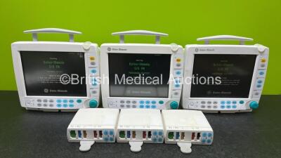 3 x GE Datex Ohmeda S/5 FM Patient Monitors (All Power Up and 2 x Damaged Casings- See Photos) with 3 x GE E-PSMP-00 Modules Including ECG, SpO2, NIBP, P1-P2 and T1-T2 Options *All Mfd 2010* *SN 6601411 / 6622627 / 6625745 / 6715363 / 6528061 / 5175316*