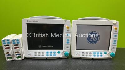 2 x GE Datex Ohmeda S/5 FM Patient Monitors *Both Mfd 2010* (Both Power Up and Both Damaged Casings- See Photos) with 2 x GE E-PSMP-00 Modules Including ECG, SpO2, NIBP, P1-P2 and T1-T2 Options *Both Mfd 2012* *SN 6823368 / 6823409 / 6670465 / 6608514*