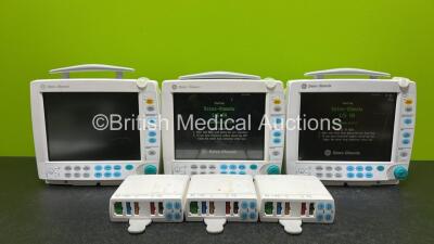 3 x GE Datex Ohmeda S/5 FM Patient Monitors *Mfd 2 x 2010 & 1 x 2011* (2 x Power Up, 1 x No Power, 2 x Scratched Screens and 1 x Damaged Casing- See Photos) with 3 x GE E-PSMP-00 Modules Including ECG, SpO2, NIBP, P1-P2 and T1-T2 Options *All Mfd 2010* *S