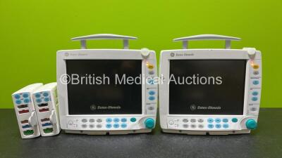 2 x GE Datex Ohmeda S/5 FM Patient Monitors *Both Mfd 2010* (Both Power Up and Both Damaged Casings - See Photos) with 2 x GE E-PSMP-00 Modules Including ECG, SpO2, NIBP, P1-P2 and T1-T2 Options *Mfd 209 & 2012* *SN 6608546 / 6606963 / 6823333 / 6578453*