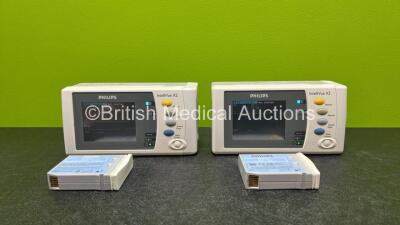 2 x Philips IntelliVue X2 Handheld Patient Monitors Including ECG, SpO2, NBP, Press and Temp Options *Both Mfd 2010* (Both Power Up with Stock Batteries - Stock Batteries Not Included) with 2 x Philips M4607A Batteries (Both Flat Batteries)