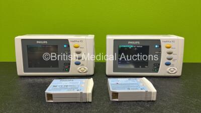 2 x Philips IntelliVue X2 Handheld Patient Monitors Including ECG, SpO2, NBP, Press and Temp Options *Both Mfd 2010* (Both Power Up with Stock Batteries - Stock Batteries Not Included) with 2 x Philips M4607A Batteries (Both Flat Batteries)