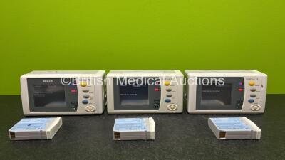 3 x Philips IntelliVue X2 Handheld Patient Monitors Including ECG, SpO2, NBP, Press and Temp Options *Mfd 2 x 2009 & 1 x 2013* (Both Power Up with Stock Batteries - Stock Batteries Not Included and 1 x Damaged Case - See Photo) with 3 x Philips M4607A Bat