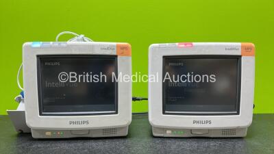 Job Lot Including 1 x Philips IntelliVue MP5 Touch Screen Patient Monitor with ECG, SpO2 and NBP(Powers Up with Damage to Casing - See Photo) and 1 x Philips IntelliVue MP5 Neonatal Touch Screen Patient Monitor with CO2, ECG, SpO2, NBP, Press ,Temp and Pr