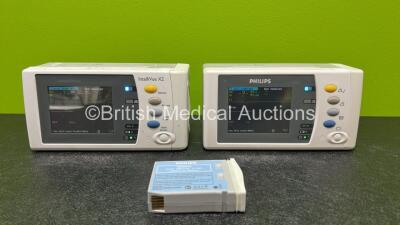 2 x Philips IntelliVue X2 Handheld Patient Monitors Including ECG, SpO2, NBP, Press and Temp Options (Both Power Up with Stock Batteries - Stock Batteries Not Included and 1 x Missing Badge - See Photo) and 1 x Philips M4607A Battery (Flat Battery) *SN DE