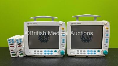 2 x GE Datex Ohmeda S/5 FM Patient Monitors *Mfd 2010 & 2011* (Both Power Up) with 2 x GE E-PSMP-00 Module Including ECG, SpO2, NIBP, P1-P2 and T1-T2 Options *Mfd 2007 & 2012* *SN 6758159 / 6662242 / 6823338 / 6285583*