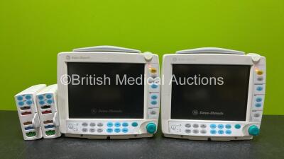 2 x GE Datex Ohmeda S/5 FM Patient Monitors *Mfd 2007 & 2010*(Both Power Up) with 2 x GE E-PSMP-00 Modules Including ECG, SpO2, NIBP, P1-P2 and T1-T2 Options *Both Mfd 2012* *SN 6325059 / 6606966 / 6823364 / 6823301*