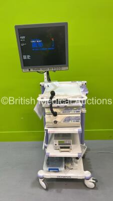 Olympus Stack Trolley with Olympus OEV191H Monitor, Olympus Evis Lucera CV-260SL Digital Processor, Olympus Evis Lucera CLV-260SL Light Source, Olympus MAJ-1154 Pigtail Connector and Sony UP-21MD Colour Video Printer (Powers Up) *S/N 7821271 / 7824793 / 7