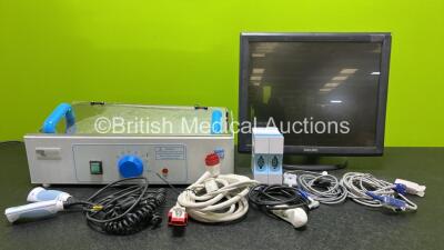 Mixed Lot Including 1 x Rolyan Water Bath (Damaged Lid - See Photo), 2 x Welch Allyn Ref 405672 & 412574 Modules, 1 x Philips Elo Monitor, 1 x Fingertip Sensor, 1 x IVAC PCAM Trigger, 2 x Welch Allyn Barcode Scanners (1 x Cracked Case - See Photo), 1 x Zo