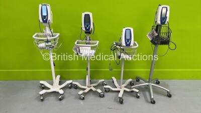 4 x Welch Allyn Spot Vital Signs Monitors on Stands (1 x Detached) with Power Supplies (All Power Up)