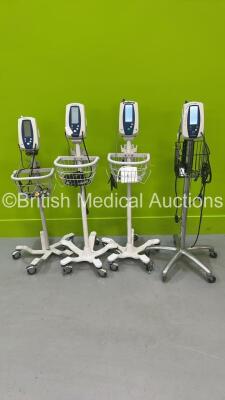 4 x Welch Allyn Spot Vital Signs Monitors on Stands with Power Supplies (All Power Up - 1 x Missing BP Port)