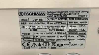 Eschmann TD411RS Electrosurgical Diathermy Unit with Eschmann Smoke Evacuation Unit on Stand (Powers Up) *S/N 4RSF-04-0000* **S** - 4