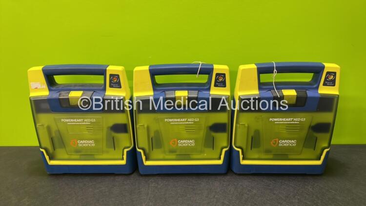 3 x Cardiac Science Powerheart AED G3 Automated External Defibrillators (Untested Due to No Batteries)