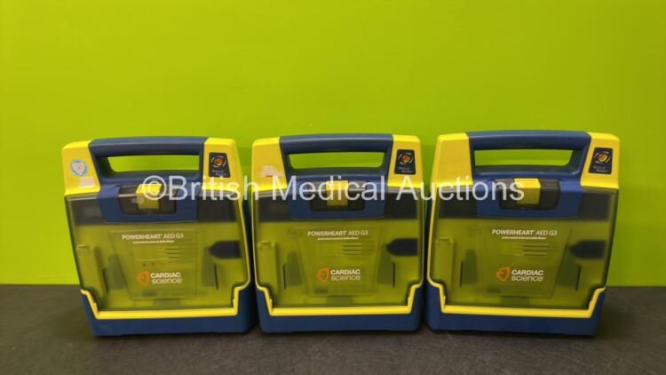 3 x Cardiac Science Powerheart AED G3 Automated External Defibrillators (Untested Due to No Batteries)