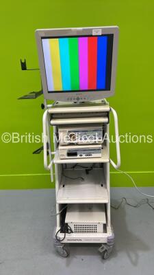 Olympus Compact Trolley with Sony Monitor, Olympus Visera CLV-S40 Light Source and Olympus Visera OTV-S7 Digital Processor (Powers Up)