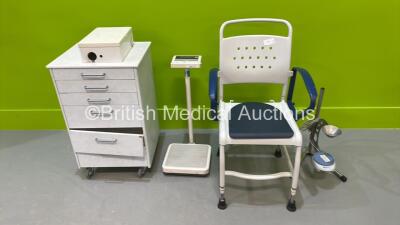 1 x Static Patient Chair, 1 x MMS Urine Sensor on Stand, 1 x Tanita Stand on Scales and 1 x Mobile Workstation
